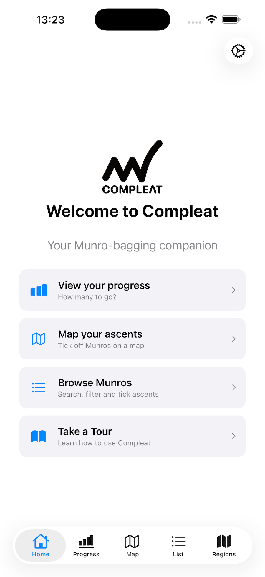 Compleat app home screen