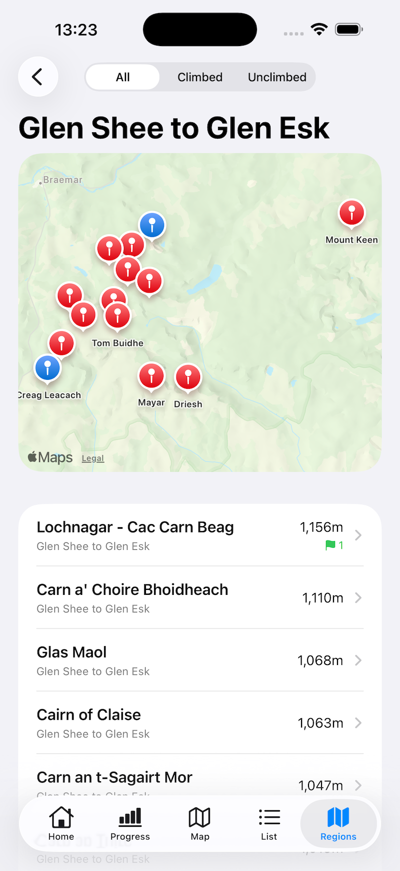 Regional breakdown screen